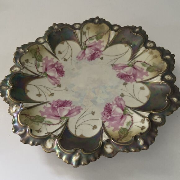 Vintage Hand-Painted Floral Porcelain Plate Pink Roses Scalloped Edge Iridescent - Picture 1 of 13